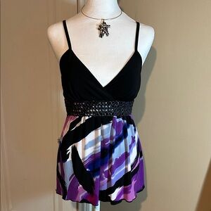 A Byer Vintage Black and Purple Strappy Sexy Top